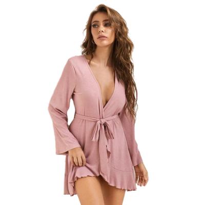 China Ruffle Trim Lounge Breathable Belt Long Robe Designer Sleepwear Solid Bathrobes Knit Bathrobe Custom Made Bamboo Women Spa Robe for sale