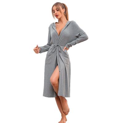 China Winter Women Severe Hooded Long Robes Rib Knit Sleepwear Robes Sweater Terry Fur Bath Robe Custom Thermal Belt for sale