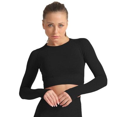 China Activewear Warm Breathable Sheaths Long Crop Top With Thumb Hole Active Wear For Women Yoga Elastic Seamless High Crop Long Sleeve Top for sale