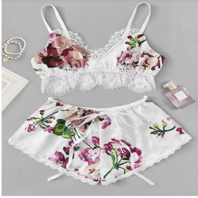 China Wholesale Breathable Silk Euramerican Wholesale Silk Shorts Halter Belt Halter Edge Lace Home Wear Women's Pajamas Halter Two Sets for sale