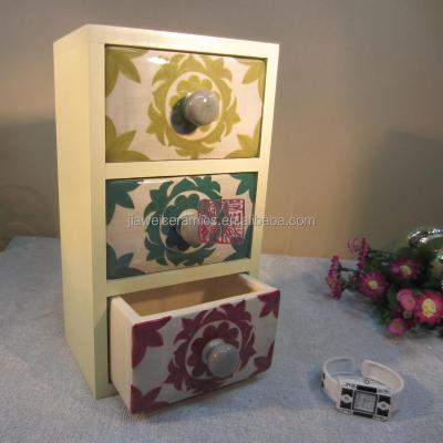 China USA wooden jewelry box with 3 ceramic drawers for sale