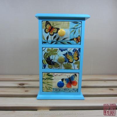 China Sustainable blue wooden box with 3pcs ceramic spice drawers for sale