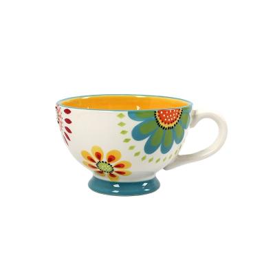 China Cheap Viable Colorful Pattern Ceramic Soup Bowls With Handle for sale