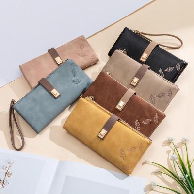 China RFID Hot sale long ladies wallet Korean frosted leaf printing portable wristband wallet large capacity purse phone case for sale