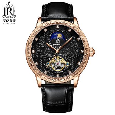 China Automatic Genuine  Leather Wrist Watch   Tourbillon Moon Phase Stereo Carving for sale