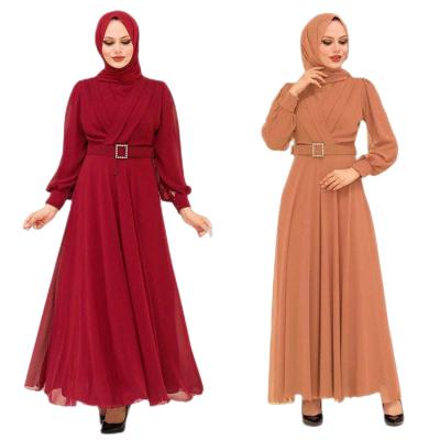 China 2023 Polyester PATTERN FORCE Fitted Slim High Waist Simple Luxurious Maxi Muslim Woman Muslim Dress High Waist Cross Belt And Chest Design for sale