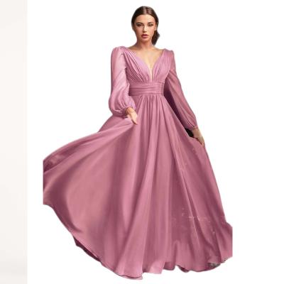 China 2023 New Arrival Polyester Deep V Drawstring Pleated Long Dress Bossinian Casual Women Dress Chiffon Casual Dress for sale