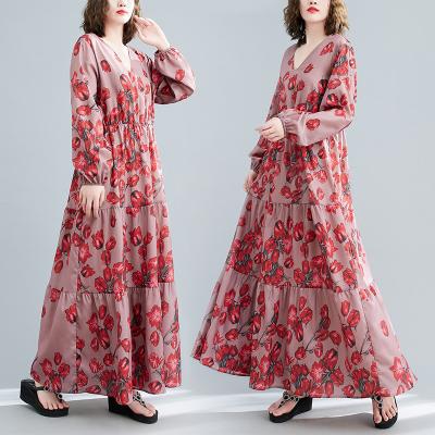 China 2022 autumn new large literary loose printing polyester sleeved dress long for sale