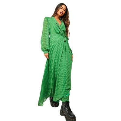 China 2023 Summer New Green Dobby Maxi Dress Women's Wrap Polyester Casual Dress for sale