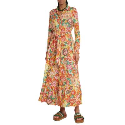 China 2023 New Orange Floral Anti-Wrinkle Shirt Dress Women Dresses Modest Islamic Clothing Muslim Dresses For Women for sale