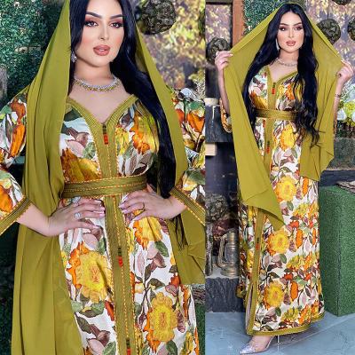 China 2023 Latest Vintage Long Dress Muslim Islamic Clothing Summer Flower Printed Jalabiya Abaya Muslim Women Dress Dubai for sale