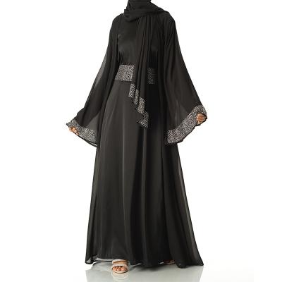 China Black Polyester Kimono Abaya 4 - Piece Hijab Belt Set Satin Inside Abaya Robe and Chiffon Kimono Outer Abaya for sale