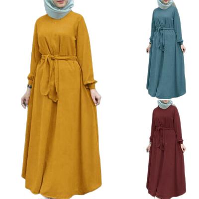 China Solid Color Women's Polyester Robe O-Neck Belt Long Loose Long Sleeve Muslim Hijab Robe Islamic Clothing for sale