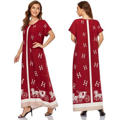 China Big Swing Long Red Loose Dresses Print Pullover Muslim Women's Dresses Polyester Long Dress Middle East Dubai Women's Clothing for sale