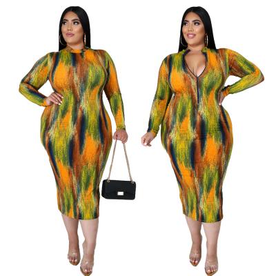 China L-5XL Anti-Static Plus Size Casual Dress Women Workout One-Piece Plus Size Women Tie Matrix Printing Dress for sale