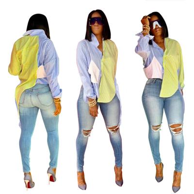 China Contrast Color Patchwork Ladies Fashion Personality Stripe Long Sleeve Irregular Women's Breathable Blouses And Shirts for sale