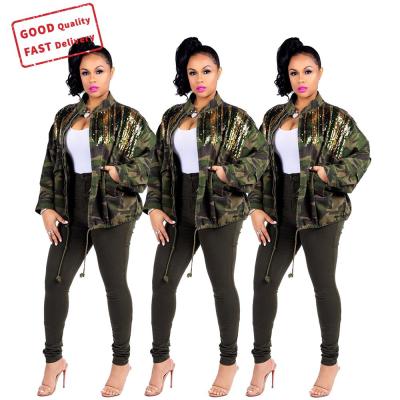 China New Arrival Breathable Jean Jackets For Women Blue Jean Jackets Camouflage Jean Jacket Pockets Sequin Fabric Ladies for sale