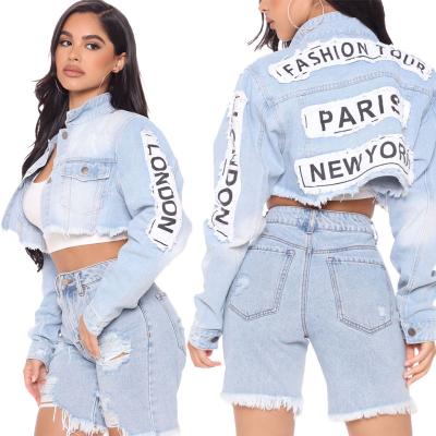 China New Arrival Breathable Autumn Sheath Long Blue Letter Printed Women Denim Jacket Coat for sale