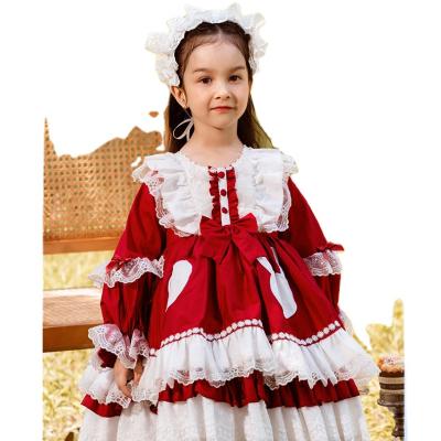 China 2022 Teens Anti-wrinkle Baby Girl Dresses Full Sleeve Organic Lolita Red Girl Dress Baby Canvas Full Desgin Dresses for sale