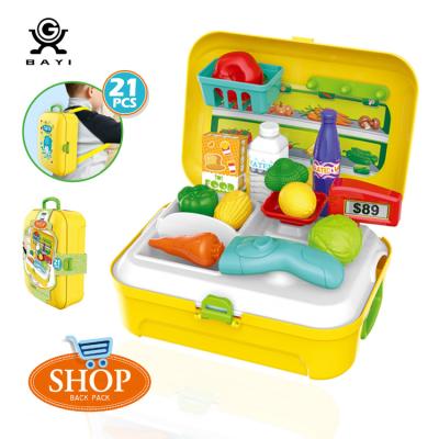 China Preschool Children Play Set Children Pretend School Toys Supermarket Shopping Backpack Kitchen Fruit Vegetable Toys Plastic Set for sale