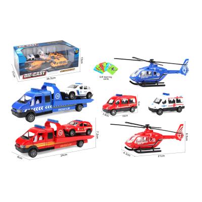 China Toy Diecast Car Helicopter Truck Alloy Ambulance Truck Model Airplane Model Toy Trailer Flatbed Pull Back Friction Toys for sale