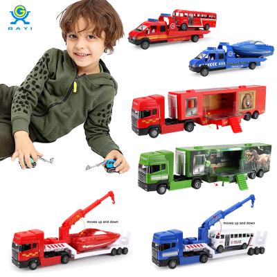 China Friction Toy 1:48 Diecast Alloy Police Trailer Platform Car Toy With Water Boat Automobile Model Toys Pull Back Vehicles for sale