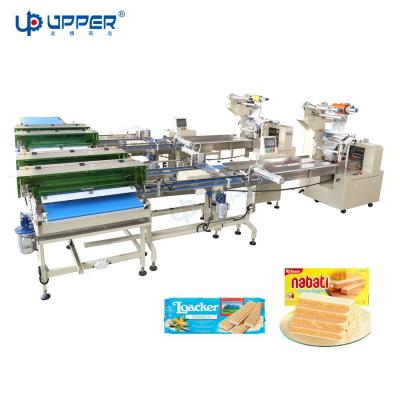 China Automatic TOP Efficient Flow Wafer Tray Chemical Less Packaging Machine 4 Pieces Packing Line Waffle for sale