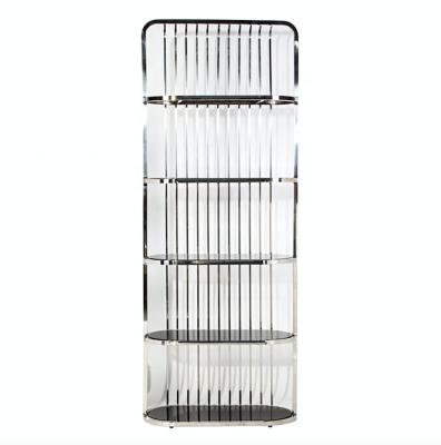 China Event Rental Furniture Mirrored 5 Layers Gold Silver Stainless Steel Bar Back Wine Shelf With Black Glass For Wedding 125*45*225cm for sale