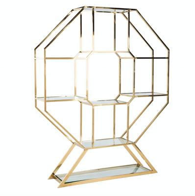 China Morden Event Furniture Hexagon Metal Gold Shelf Glass Shelving Units Bar Back Display For Party Wedding Rental for sale