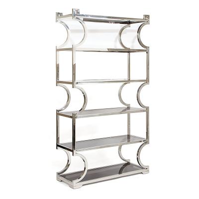 China Wedding Silver Plated Metal Frame Wine Clear Tempered Glass Top Cabinet Shelf 5 Layers For Event Party 183cm*47cm*210cm for sale