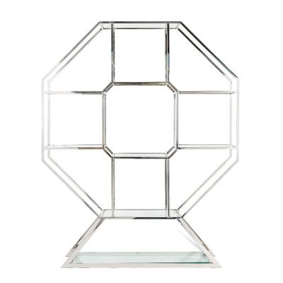 China Morden Event Furniture Hexagon Silver PlatedThree Metal Seat Back Shelf Glass Top Bar Wine Display For Party Wedding Rental for sale