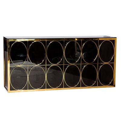 China Contemporary Luxurious Modern Metal Frame Stainless Steel Gold Bar Furniture Black Glass Top Hire For Wedding Event for sale