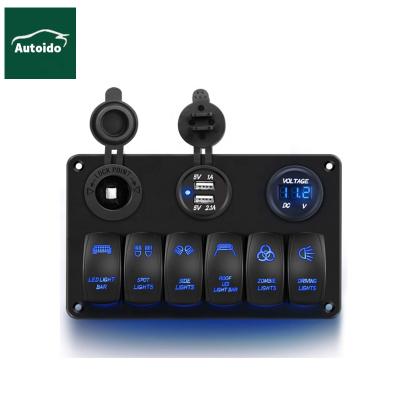 China Use in Cars 6 Strip Marine Boat Rocker Switch Panel, 12V Waterproof LED Lighted Inverters Ground Breaker Protected Control with 12V for sale