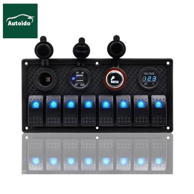 China Use in Cars Waterproof Marine Boat Rocker Switch Panel 8 Strip with Dual USB Slot Plug + Cigarette Lighter and Adapter + Digital Voltage for sale