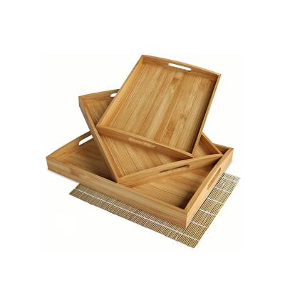 China Cheap Wholesale Rectangular Natural Wood Home Storage/Christmas Decor Bamboo Home Tray Environmental Friendly Set Of 3 Christmas Decorations With Handles for sale