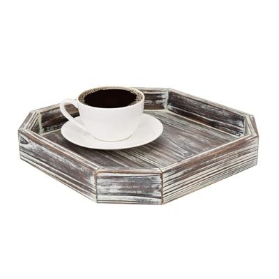 China Home Hotel Restaurant Top Selling Country Rustic Octagonal White Washed Brown Wooden Display Tray for sale