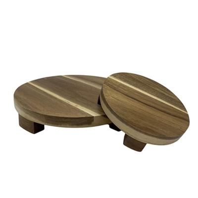 China 2 Acacia Round Pedestal Display Tray Factory Riser Wooden Stand Hotel Restaurant Wholesale Home Set for sale