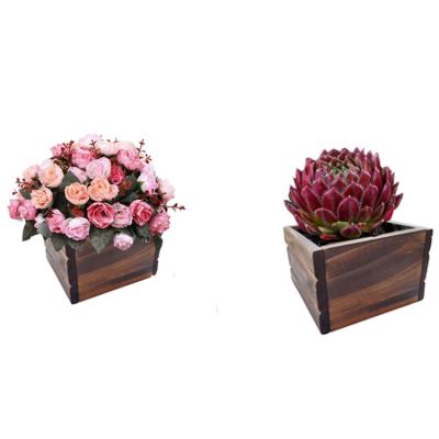 China Wholesale Wooden Cube Vintage Craft Flower Box Handmade Planter Stored Box In Brown for sale