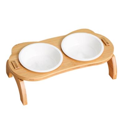 China Sustainable Custom Wooden Removable Portable Double Bowl Pet Logo Double Feeder Bowl for sale