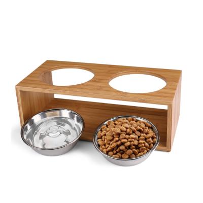 China Sustainable High Quality Bamboo Pet Bowl Raise Pet Food Feeder Rolls Stainless Steel Water Fountain Raised Bowls Dogs Cats for sale