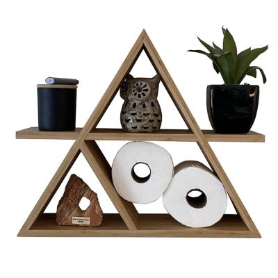 China High Quality Storage Rustic Triangle Jewelry Rack Wall Hanging Books Bamboo Wooden Floating Display Stand for sale