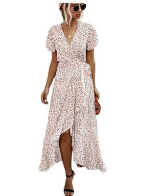 China Arab Islamic Clothing Long Dress Women Fashion Print Casual Dresses 2021 Summer New Product Elegant 1 Piece Dress Sexy V-Neckline Wave Dot Ruffled Princess Short Sleeve Female Dress dress for sale