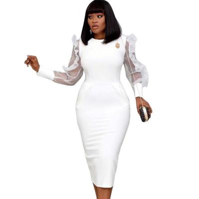 China Breathable African Mesh Gauze Office High Waist Long Sleeve White Plus Size African Dress Women Fashion for sale