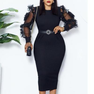 China Summer female dress new flower mesh bag hip high OL pencil dress thin elastic long-sleeved transparent breathable skirt dress for sale