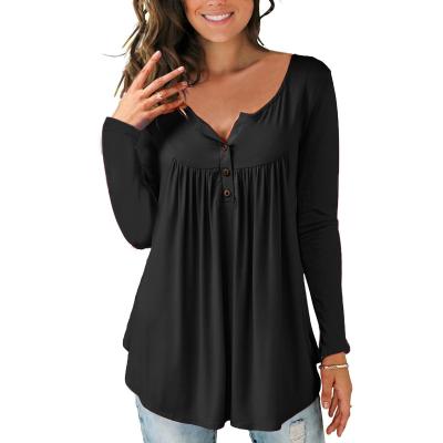 China Other Large Size Women's Micro-V-Neck New Commercial Button Pleated Loose T-Shirt Two-Wear Long-Sleeve Top for sale