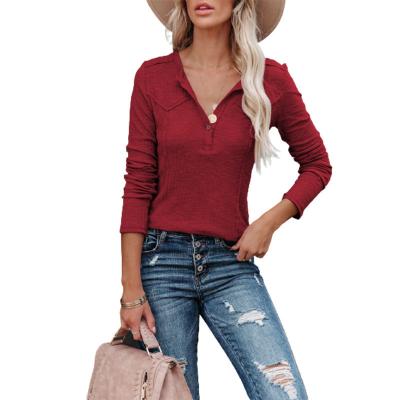 China Others Fashion Wholesale / Solid Color Fashion V-neck Button T-shirt Women's Long Sleeve Wear for sale