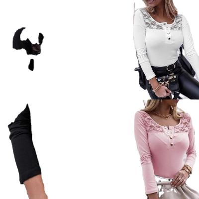 China Others fashion design/autumn/winter solid color stitching lace rivet around neck long sleeve blouse thin T-shirt for sale