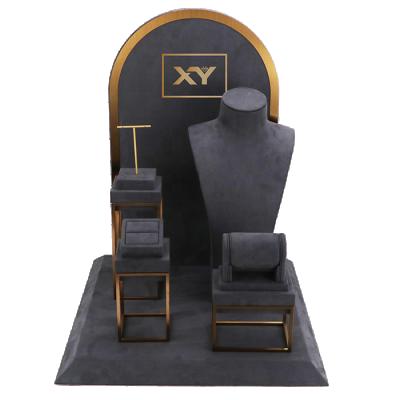 China OEM+ODM+Wholesale Shenzhen Xiangyu Gray Microfiber Metal Jewelery Custom Wholesale Luxury Dark Display Props Windows Jewelry Display Set for sale