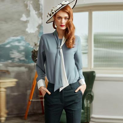 China Anti-pilling high quality chiffon no decoration satin tie spliced ​​full sleeve ladies' blouses shirts for sale