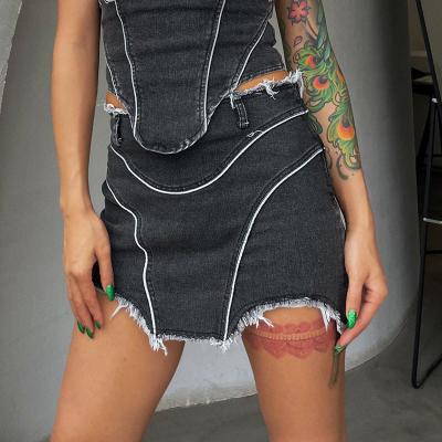 China New style anti-static dark gray straight skirt patchwork breathable wash water denim splicing slim short skirt for sale